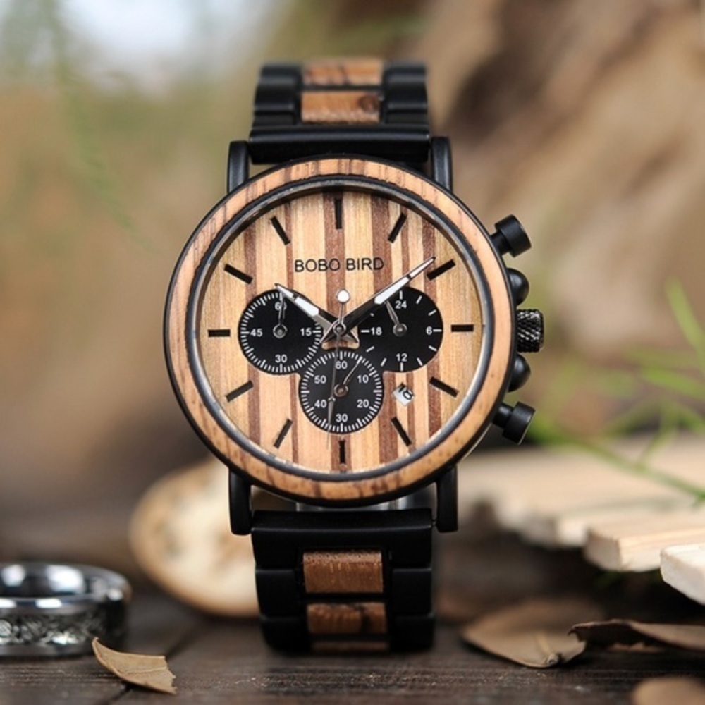 🌱MEN’S WOOD LUXURY CHRONOGRAPH MILITARY WATCH*NWT - Picture 1 of 8